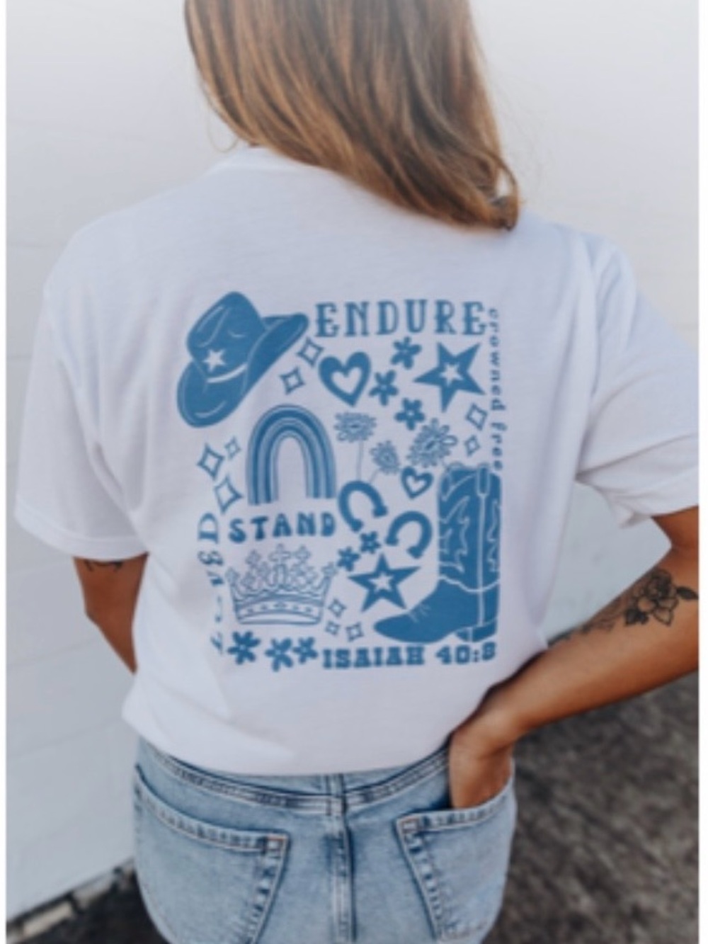 Crown White Tee with Blue Western Graphic Back Print